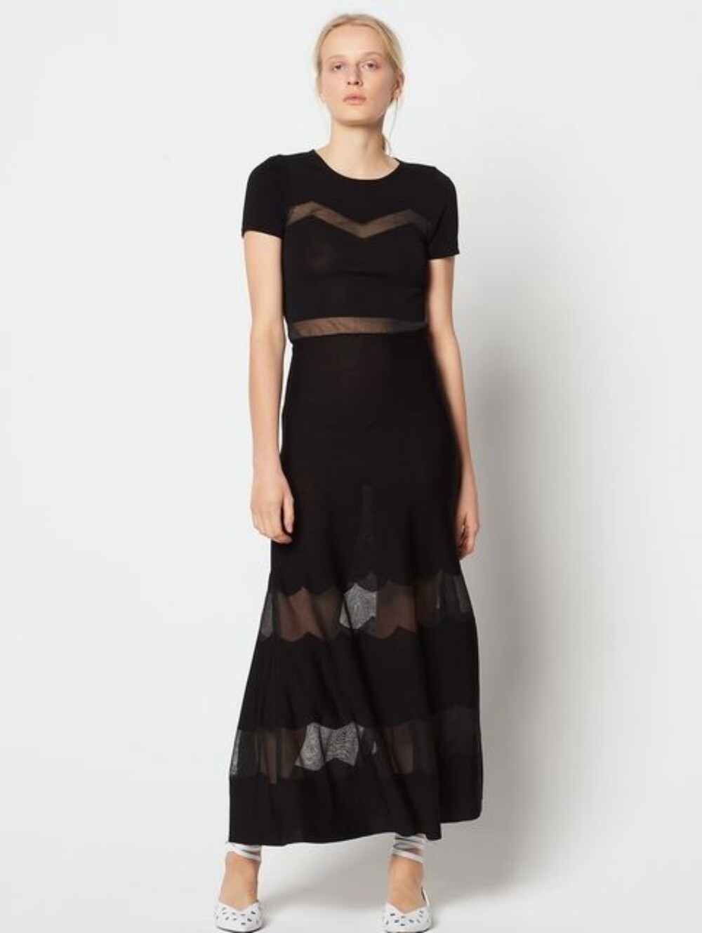 Sandro Black Mesh-Inset Maxi Knit Dress S